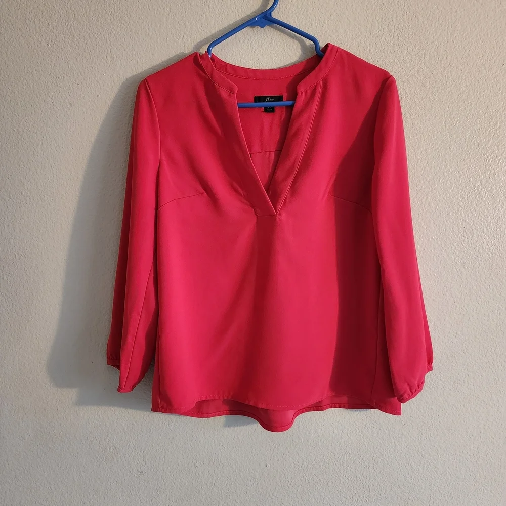 J. Crew 365 Crepe Open V-Neck Blouse Vibrant Hot Pink Top